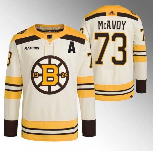 Mens Boston Bruins #73 Charlie McAvoy Cream With Rapid7 Patch 100th Anniversary Stitched Jersey Dzhi->boston bruins->NHL Jersey